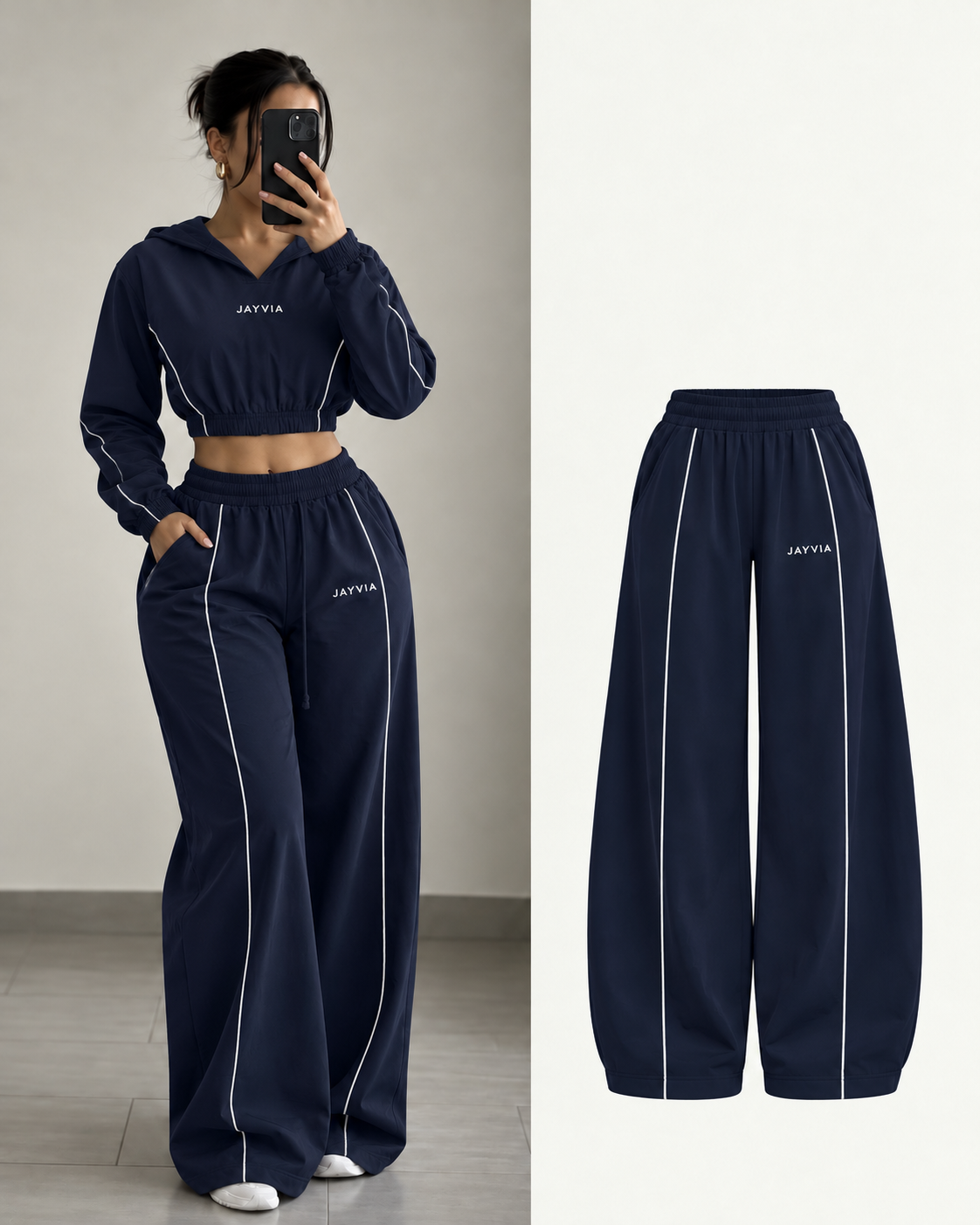 JAYVIA Afterglow Piped Wide-Leg Trousers – Navy